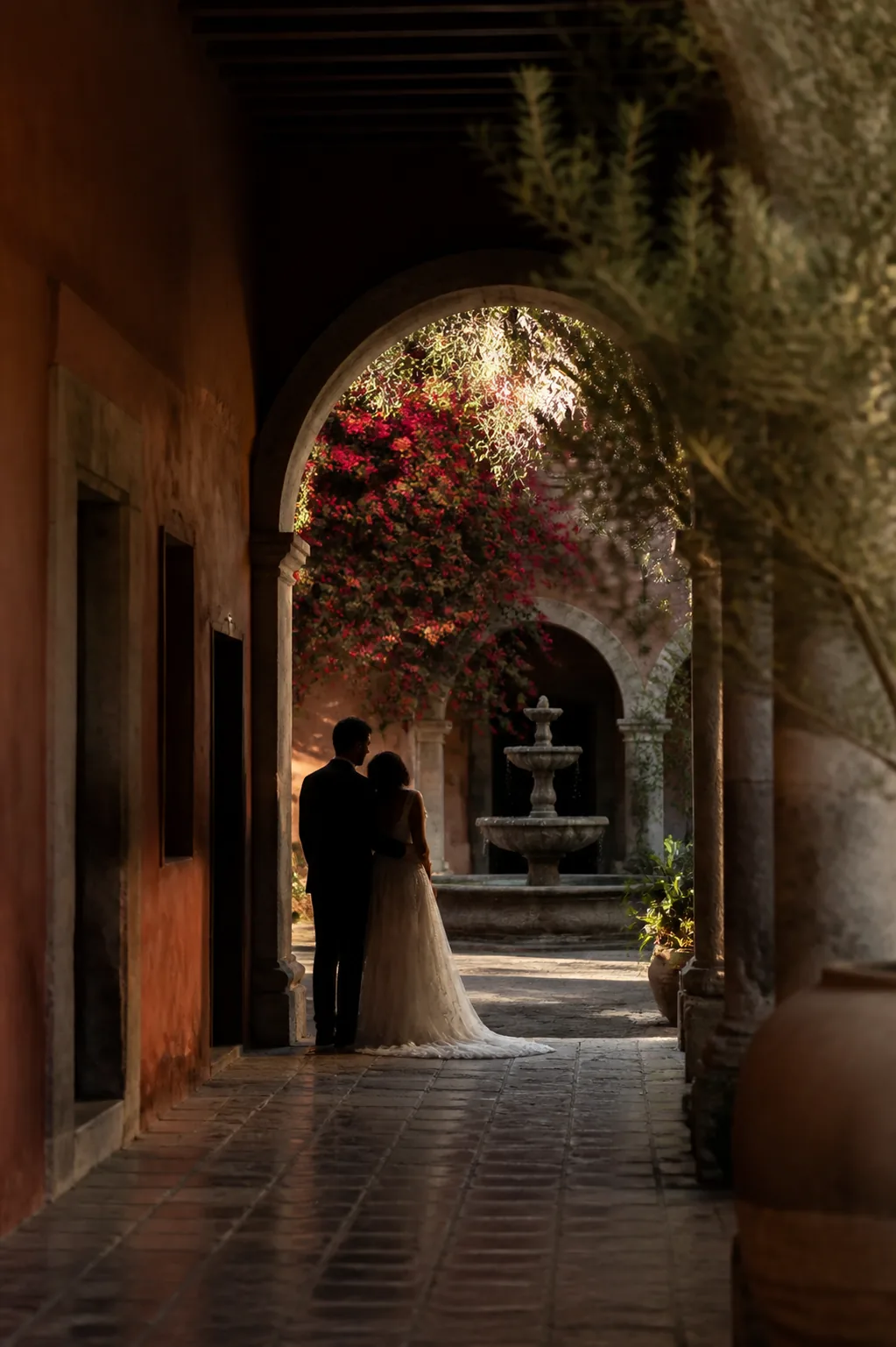 Rogelio y Julieta bajo los arcos de la hacienda